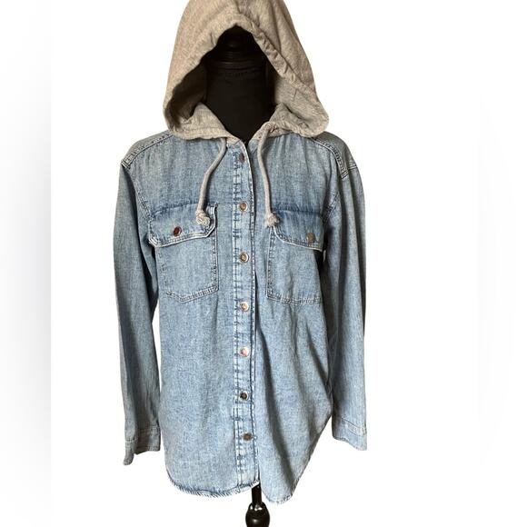 H&M Light Blue Denim Utility Jacket with Grey Hood XXS - Picture 1 of 9